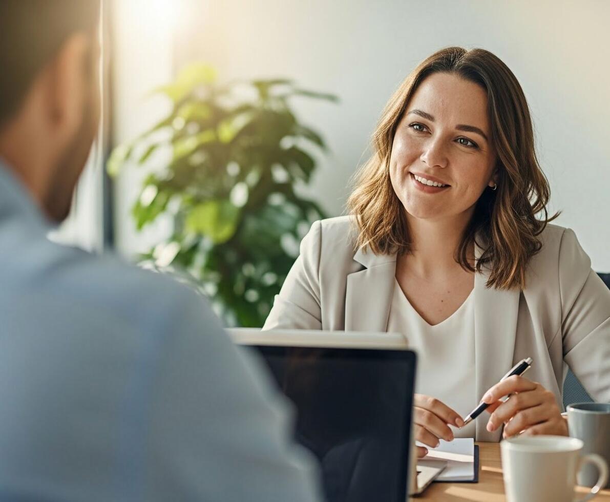 a female in corporate attire talking to a client
