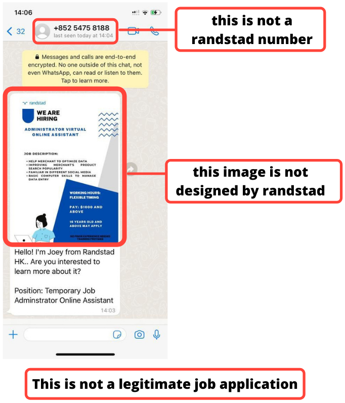 Scammers Impersonating Randstad Employees on Telegram and Whatsapp 