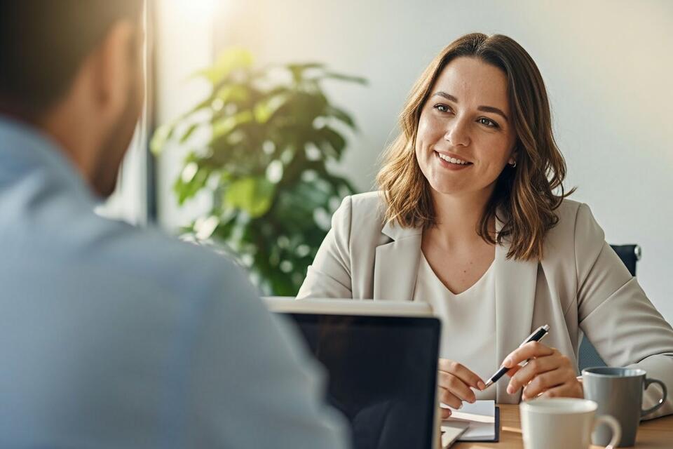 a female in corporate attire talking to a client